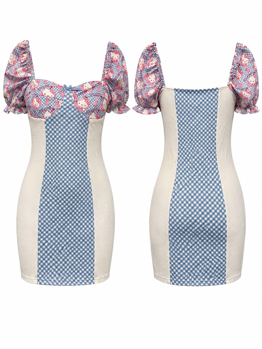 Hello Kitty Patchwork Gingham Puff-Sleeve Mini Dress - Blue & Pink